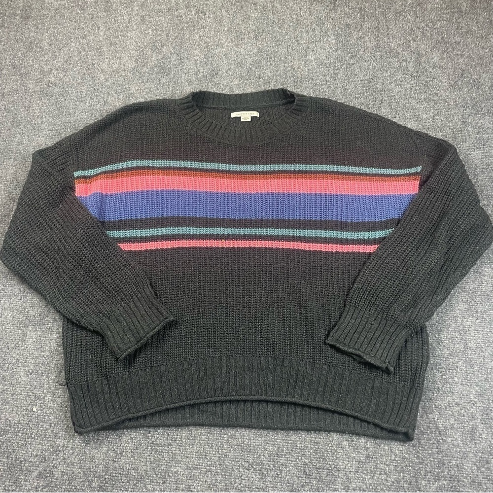 AMERICAN EAGLE Women’s Grey Knit Crewneck Striped  Sweater size: Medium